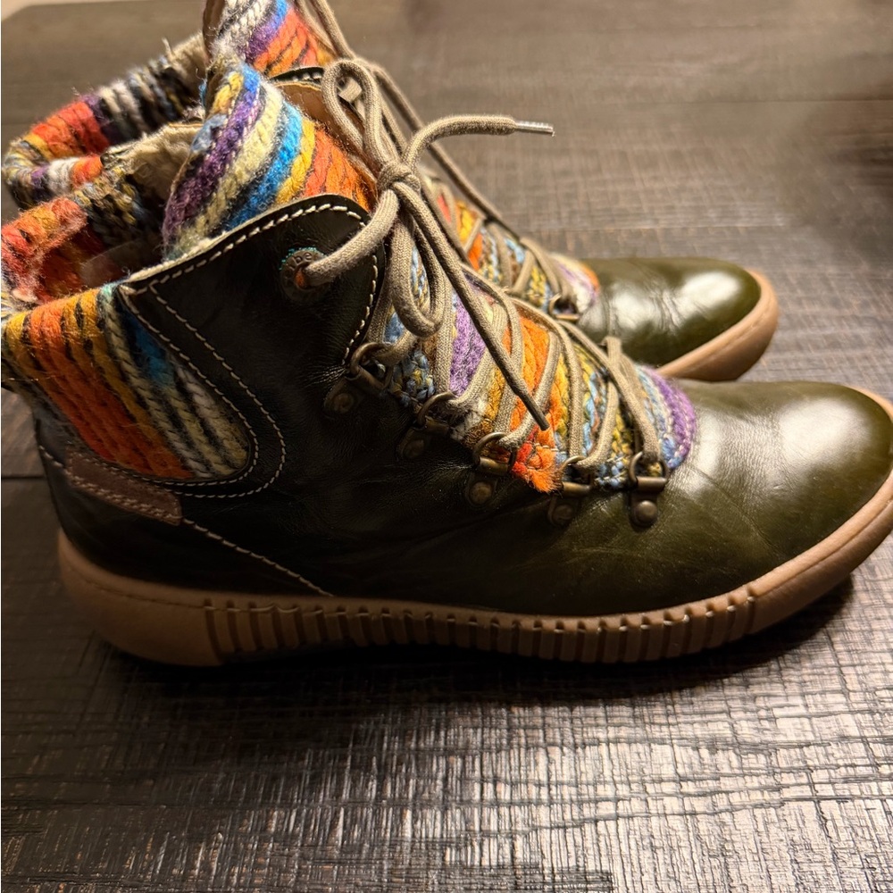 Josef Seibel Olive Lace Up Boots with Colorful Knit - Picture 2 of 6